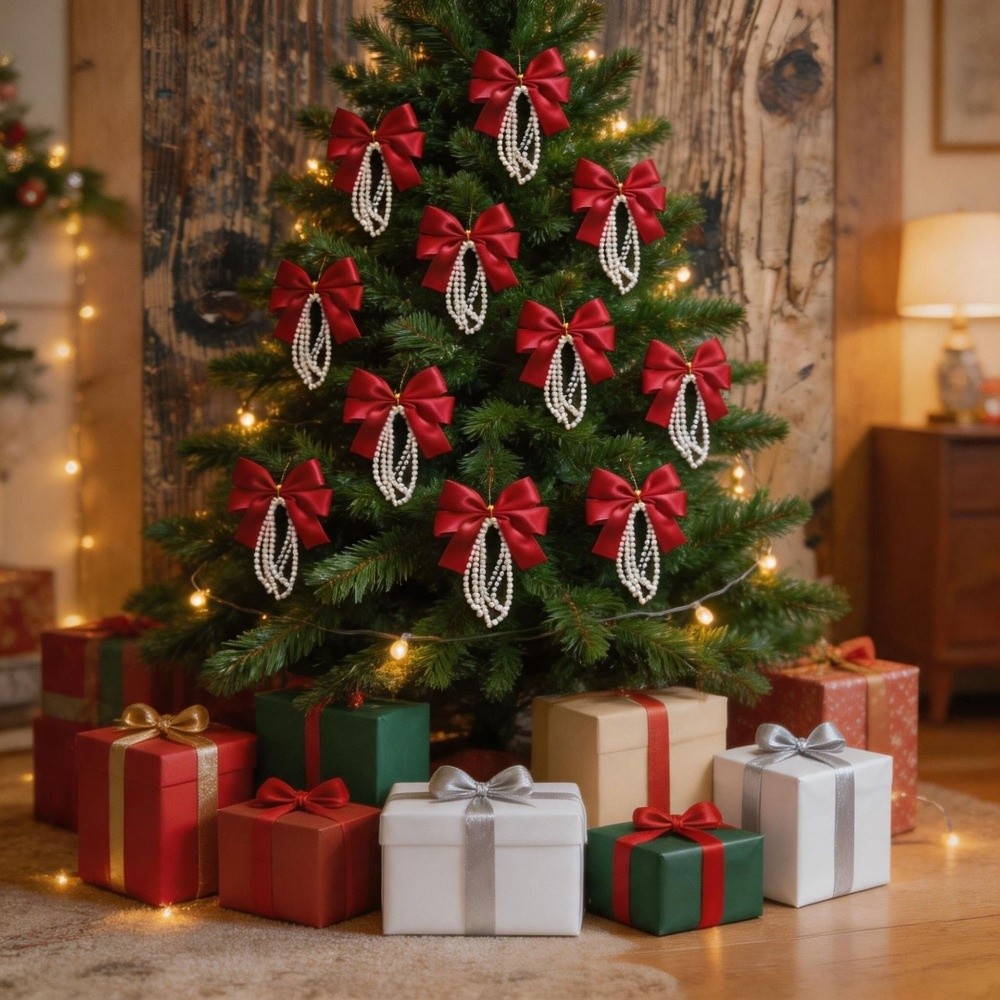 Gift Box Wrap Set - 12-delige set kerstboomstrikken, gouden draadjes, rode